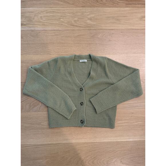 Theo & Spence Olive Green Knit Button Long Sleeve Cropped Cardigan Sweater Top S - Picture 1 of 5